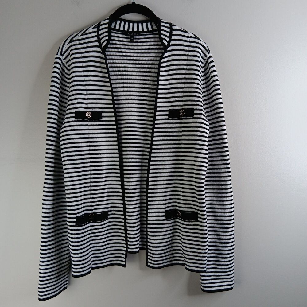 Talbots Jacket Women's Black White Stripe Open Front Pockets Knit Size Medium